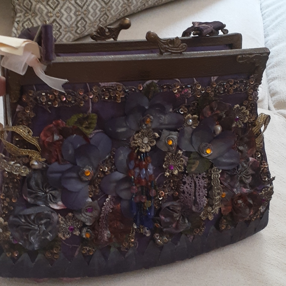 Vinetage bag ,7"h 11" w,beaded and hand embr plum